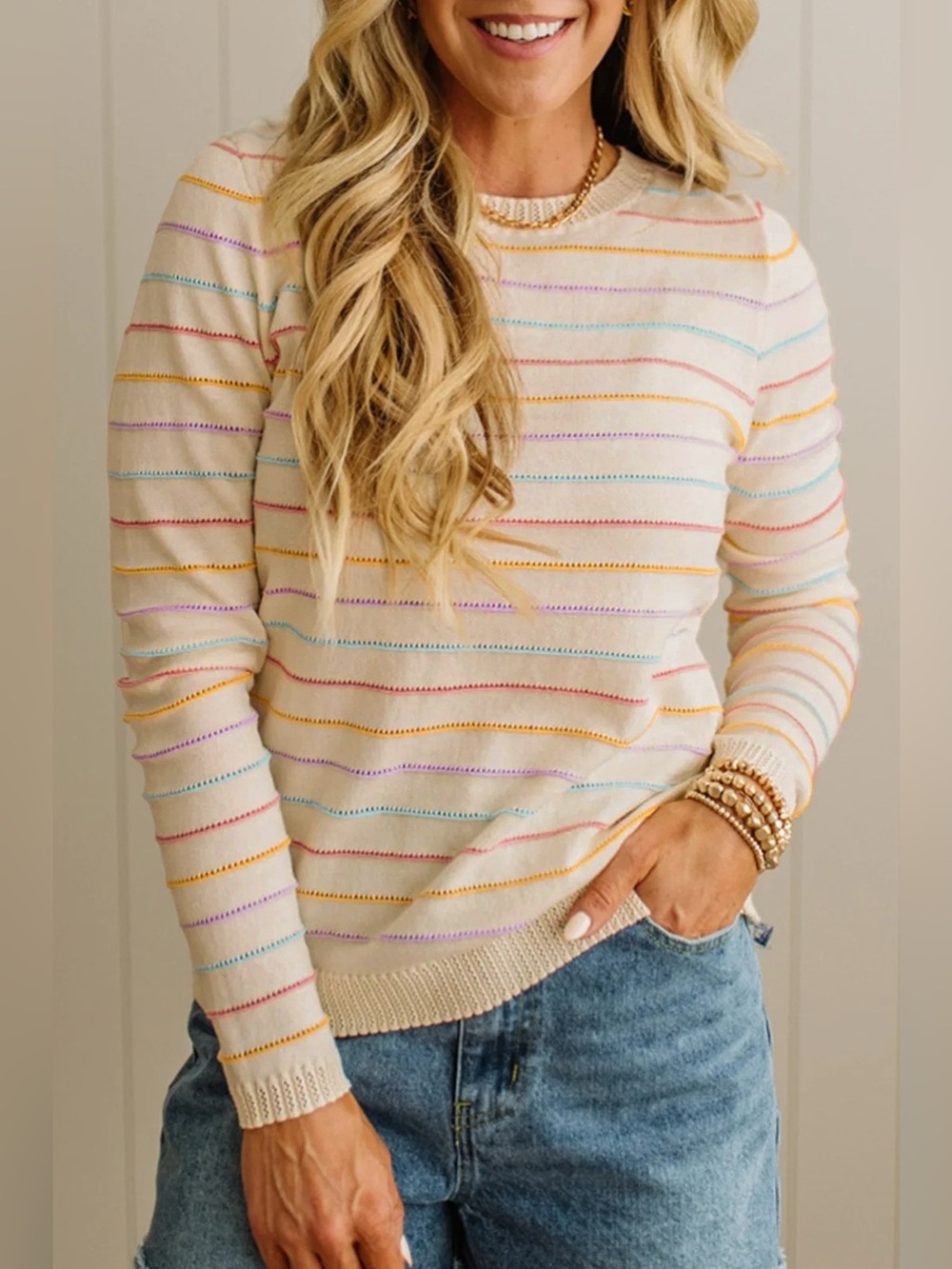 Stripe Colorful Stripes Crew Neck Knit Sweater